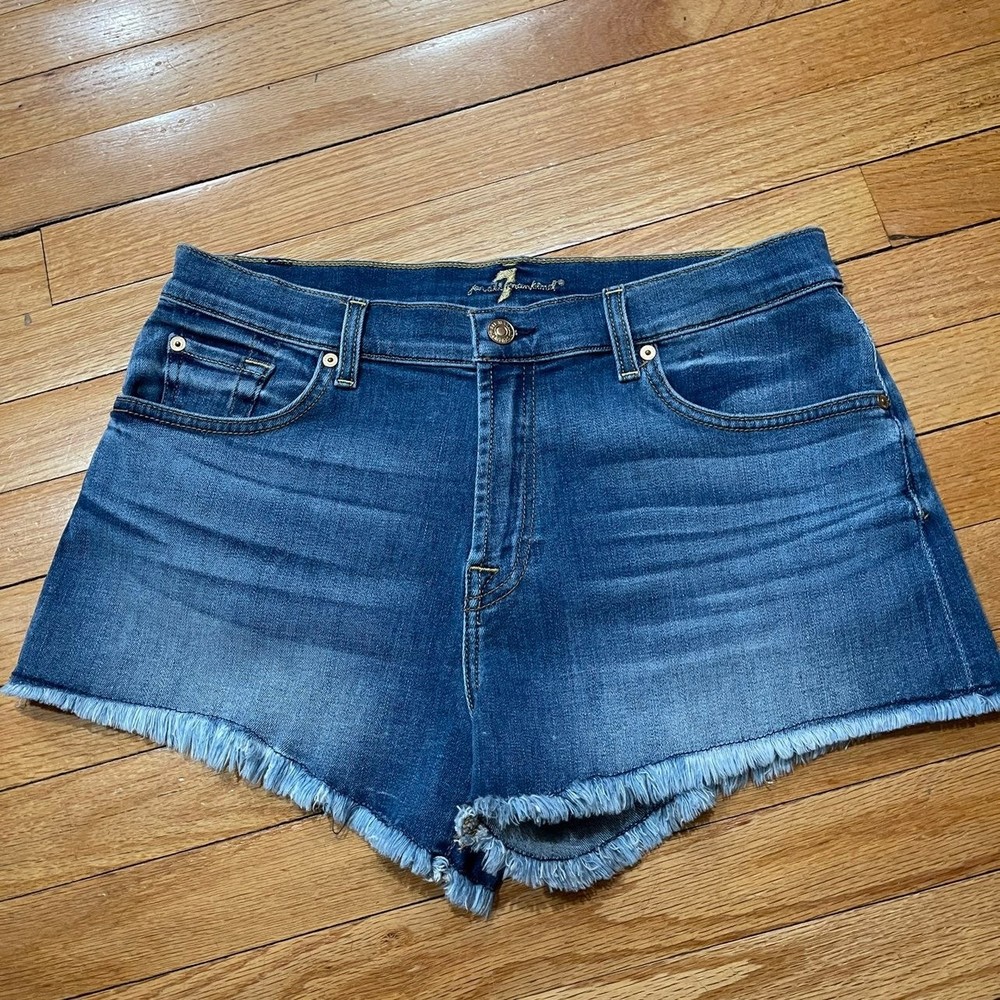 Seven 7 for all Mankind Womens Cut Off Denim Shorts Size 30 Frayed Raw EUC - Picture 1 of 11